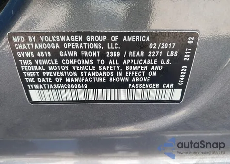 2017 Volkswagen Passat 1.8T S from USA, damaged, VIN 1VWAT7A35HC060649
